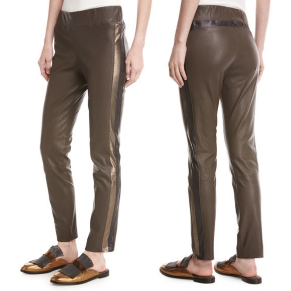 Brunello Cucinelli Leather Pants Side Stripe Espresso Green Size 2 - Picture 1 of 16